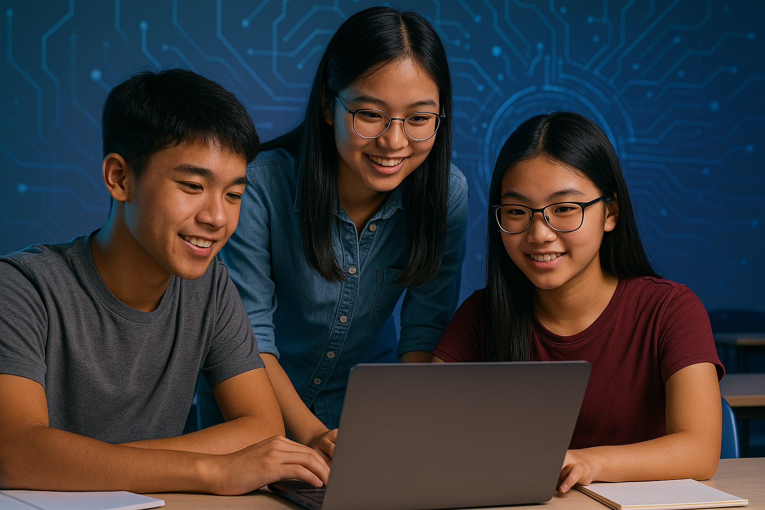Engaged students collaborating on a laptop at AI Quest Academy